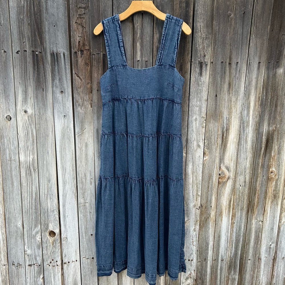 Anthropologie Helena Square Neck Tiered Midi Dress Smocked Denim Blue M - Picture 15 of 15